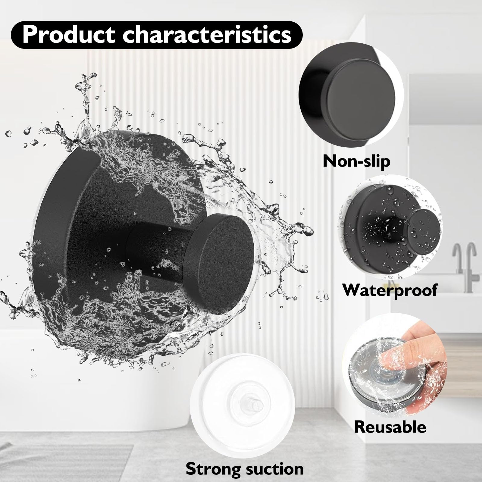 4Pcs Shower Hooks Suction, Suction Cup Hooks, Premium Stainless Steel Suction Hooks Shower Hooks Adhesive Hooks Bathroom Towel for Glass Mirror Smooth Surface（Black*4）