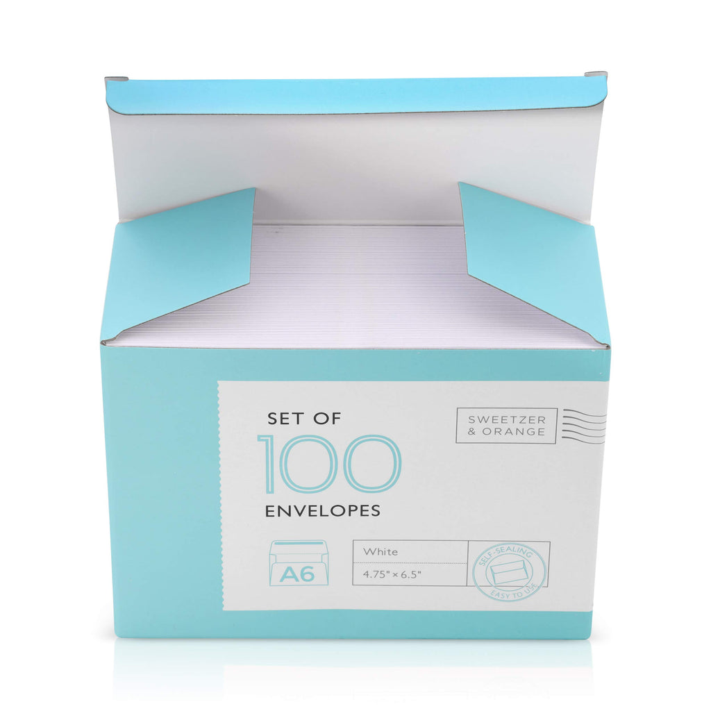 Sweetzer & Orange A6 Envelopes for 4x6 Cards. (100 with Box). White Envelopes Self Seal. Luxury 150gsm for Greeting Card Envelopes, Invitation Envelopes, Postcard Envelopes and Wedding Envelopes