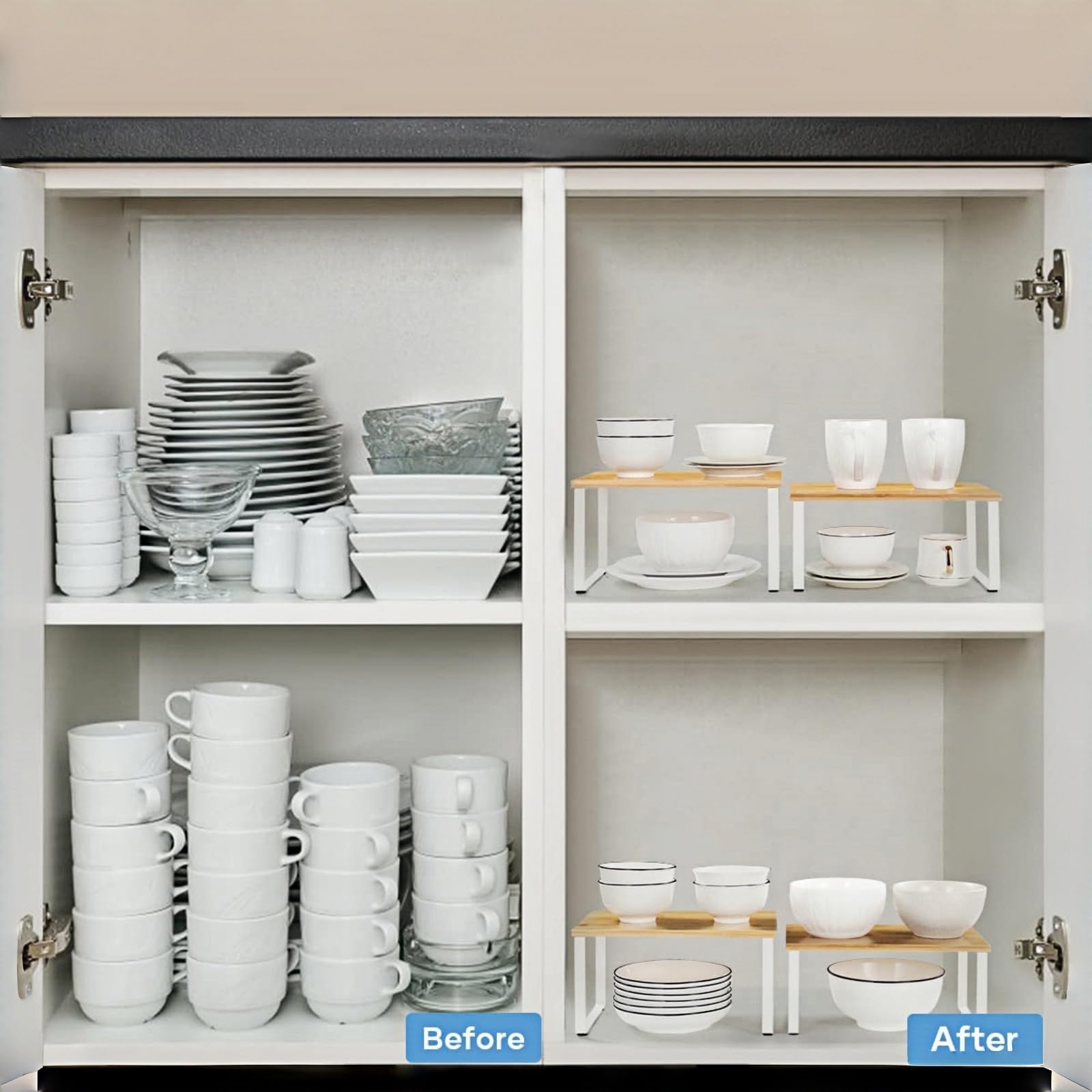 NEX Bamboo Kitchen Cabinet and Counter Shelf Organizer, Stackable & Expandable, Set of 4, White and Natural