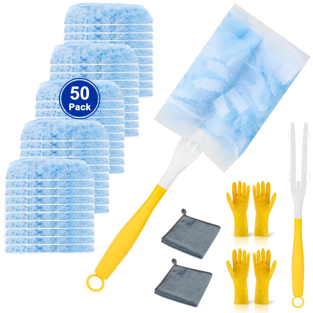50 Pack Dusters Refill for Cleaning with 2 Handles, Heavy Duty Disposable Dusters Kit Unscented Replacement Head Dust Removal Brush for Electronics, Furniture, Blinds, Ceiling Fans, Walls