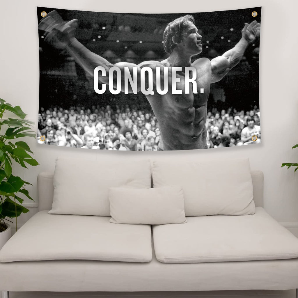 Arnold Schwarzenegger Conquer Motivational Inspirational Office Gym Wall Decor Flag Banner，3x5 Feet Flag Funny Poster Durable Man Cave Wall Flag with Brass Grommets This beautiful entertaining banner flag for College Dorm Room Decor,Outdoor,Parties gifts