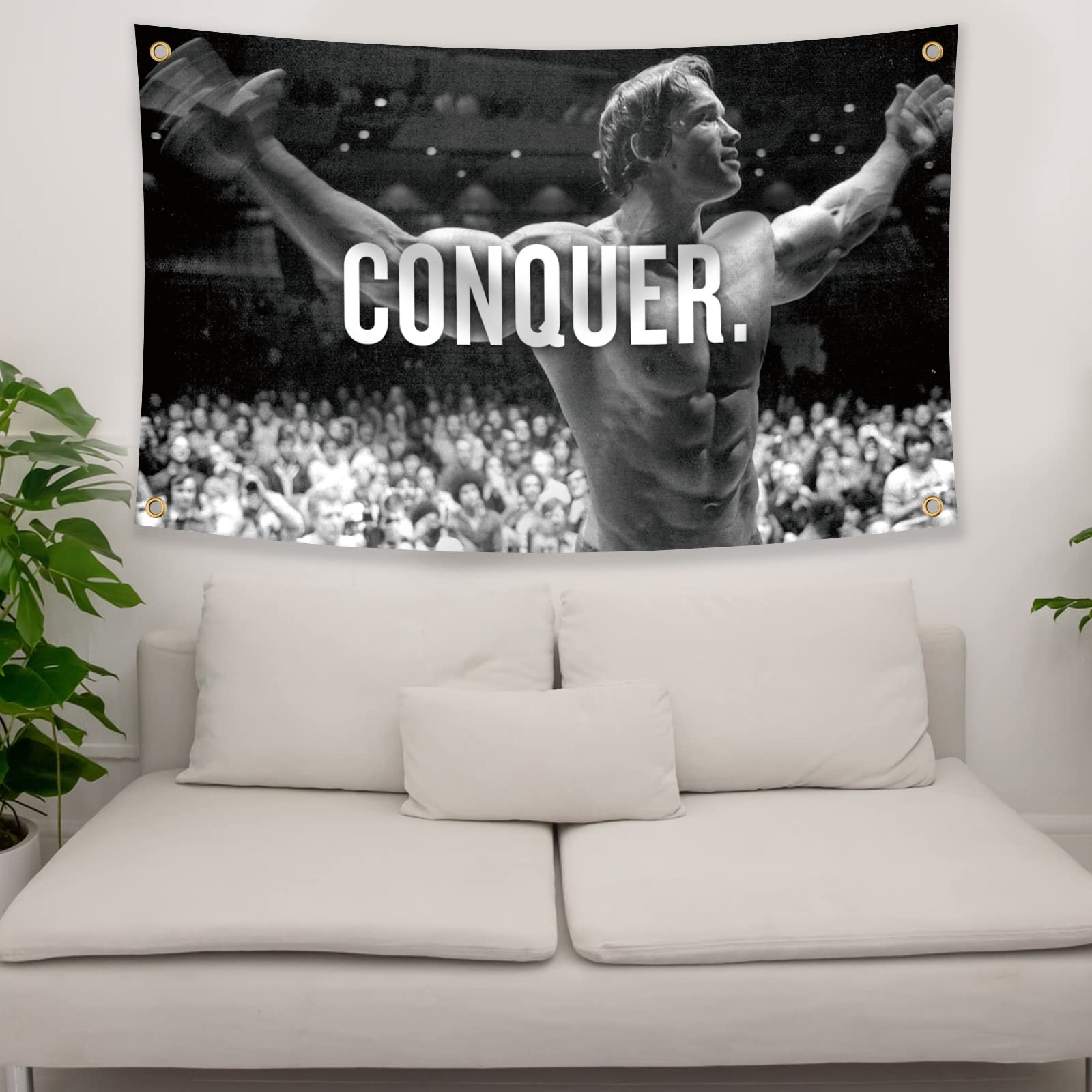Arnold Schwarzenegger Conquer Motivational Inspirational Office Gym Wall Decor Flag Banner，3x5 Feet Flag Funny Poster Durable Man Cave Wall Flag with Brass Grommets This beautiful entertaining banner flag for College Dorm Room Decor,Outdoor,Parties gifts