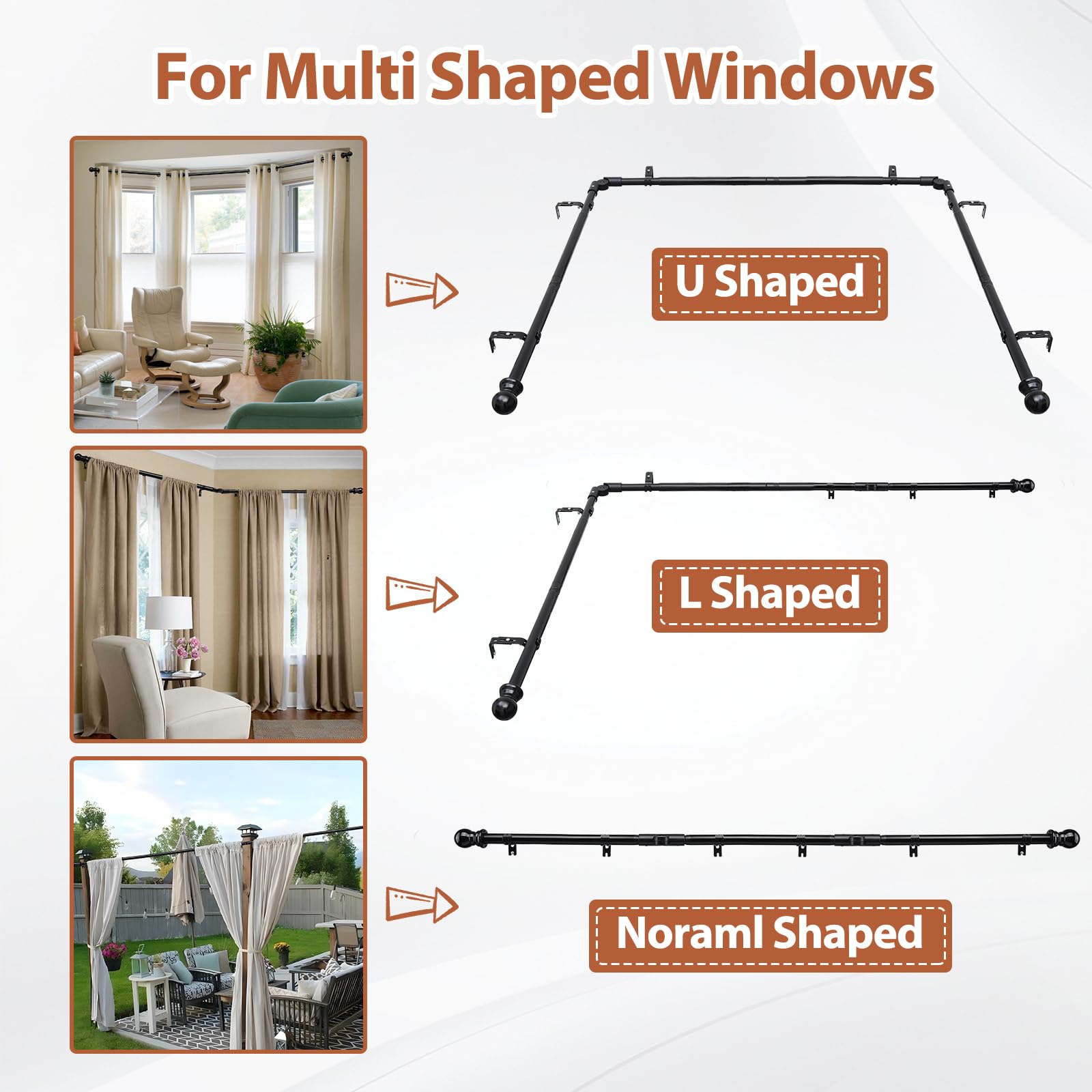 Bay Window U Shaped Curved Curtain Rods, 59-184 Inches, 1 Inch Diameter Heavy Duty Black, Adjustable for Bedroom, Living Room, Corner Windows