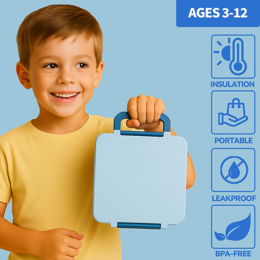 Bento Lunch Box for Kids with Carry Handle & Bento Box Bag, Leak-Proof 4-Compartments Lunch Box with 12oz Soup Jar and Cutlery, with Custom Dividers,Drop-Proof, Microwave and Dishwasher Safe (Blue)