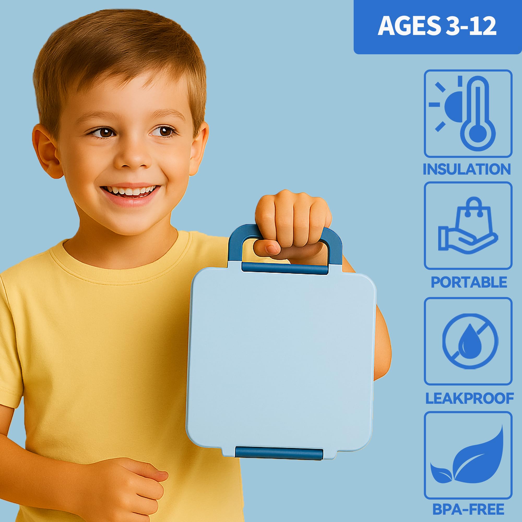 Bento Lunch Box for Kids with Carry Handle & Bento Box Bag, Leak-Proof 4-Compartments Lunch Box with 12oz Soup Jar and Cutlery, with Custom Dividers,Drop-Proof, Microwave and Dishwasher Safe (Blue)