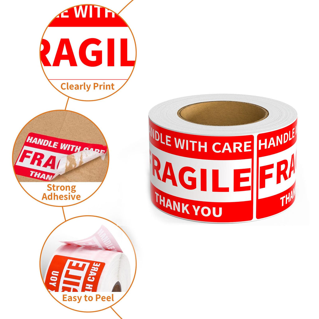 2 Rolls 3" x 5" Handle with Care Fragile Stickers for Shipping and Moving, 500 Labels per Roll, Permanent Adhesive Warning Stickers Fragile Labels