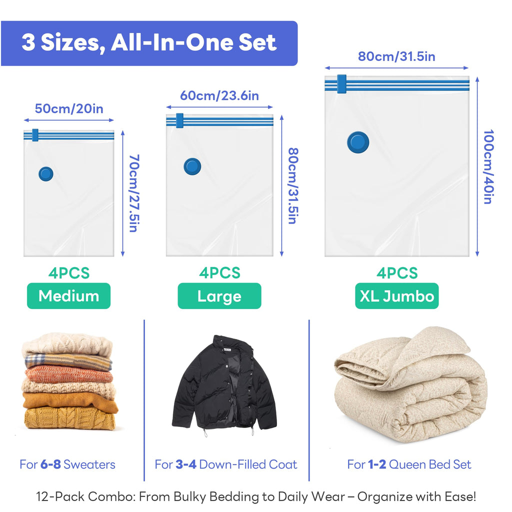 Vacuum Storage Bags, 12 Pack Vacuum Sealer Bags for Clothes Storage, Thick Vacuum Bags for Travel, Packing, Moving and Space Saving