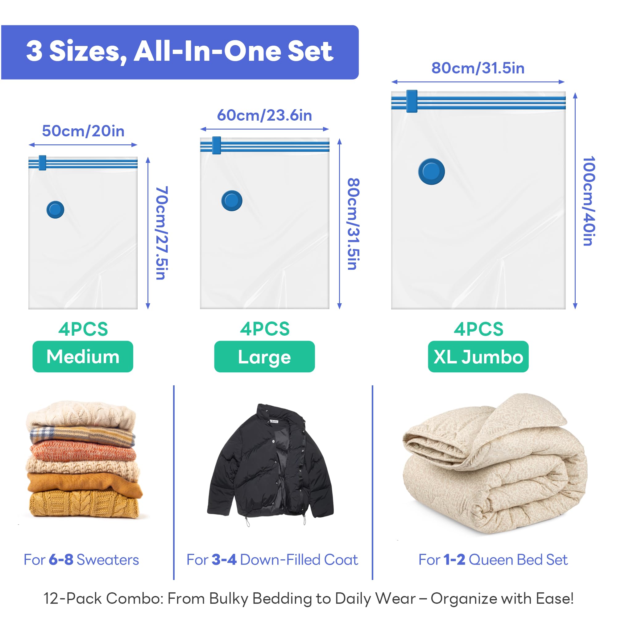 Vacuum Storage Bags, 12 Pack Vacuum Sealer Bags for Clothes Storage, Thick Vacuum Bags for Travel, Packing, Moving and Space Saving