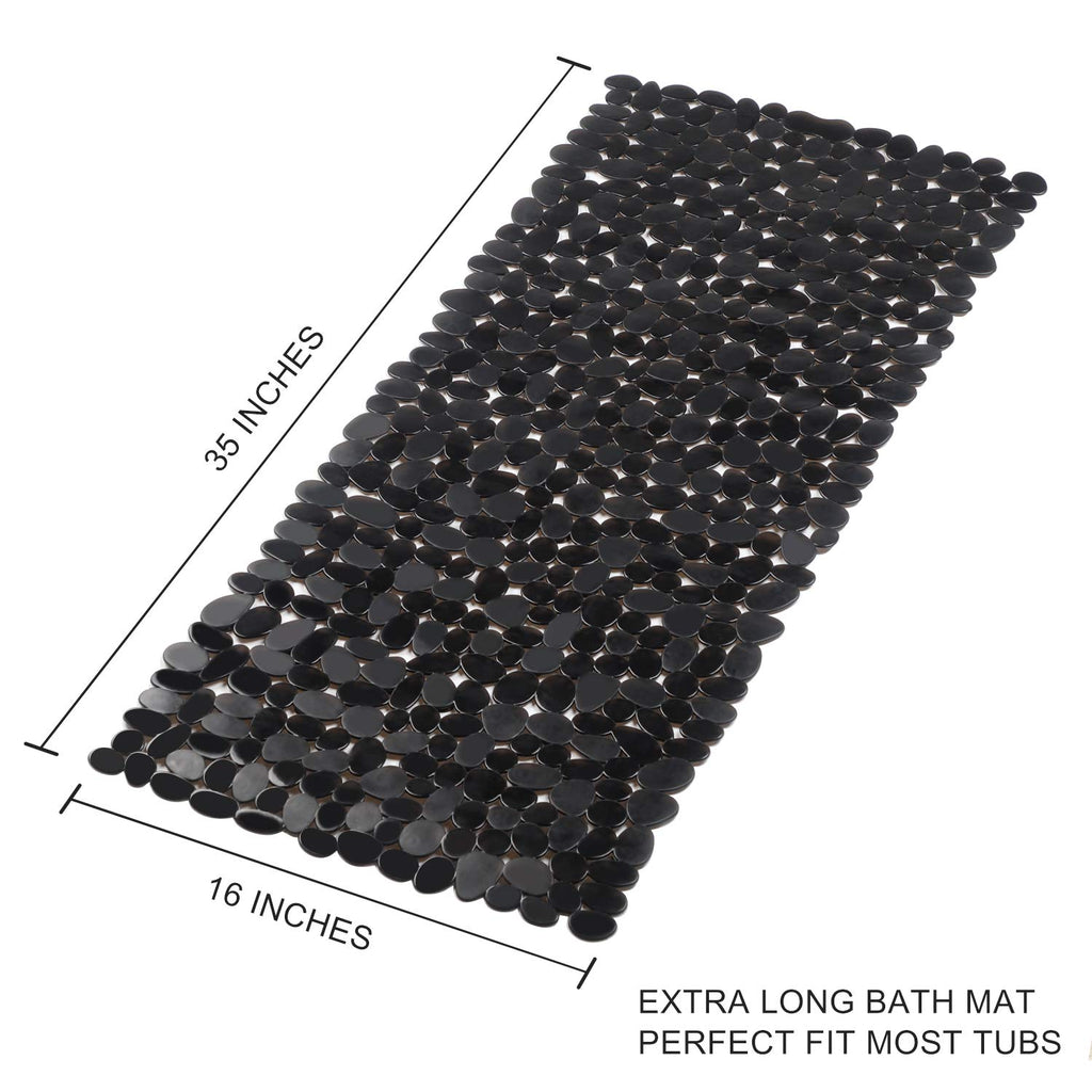 WELTRXE Non Slip Bath Mat Pebbles Bathtub Mat with Suction Cups, Drain Holes for Bathroom Showers, Tub, 35" x 16" Machine Washable Rectangle Bathroom Mats BPA, Latex Free Safe Shower Mats,Opaque Black