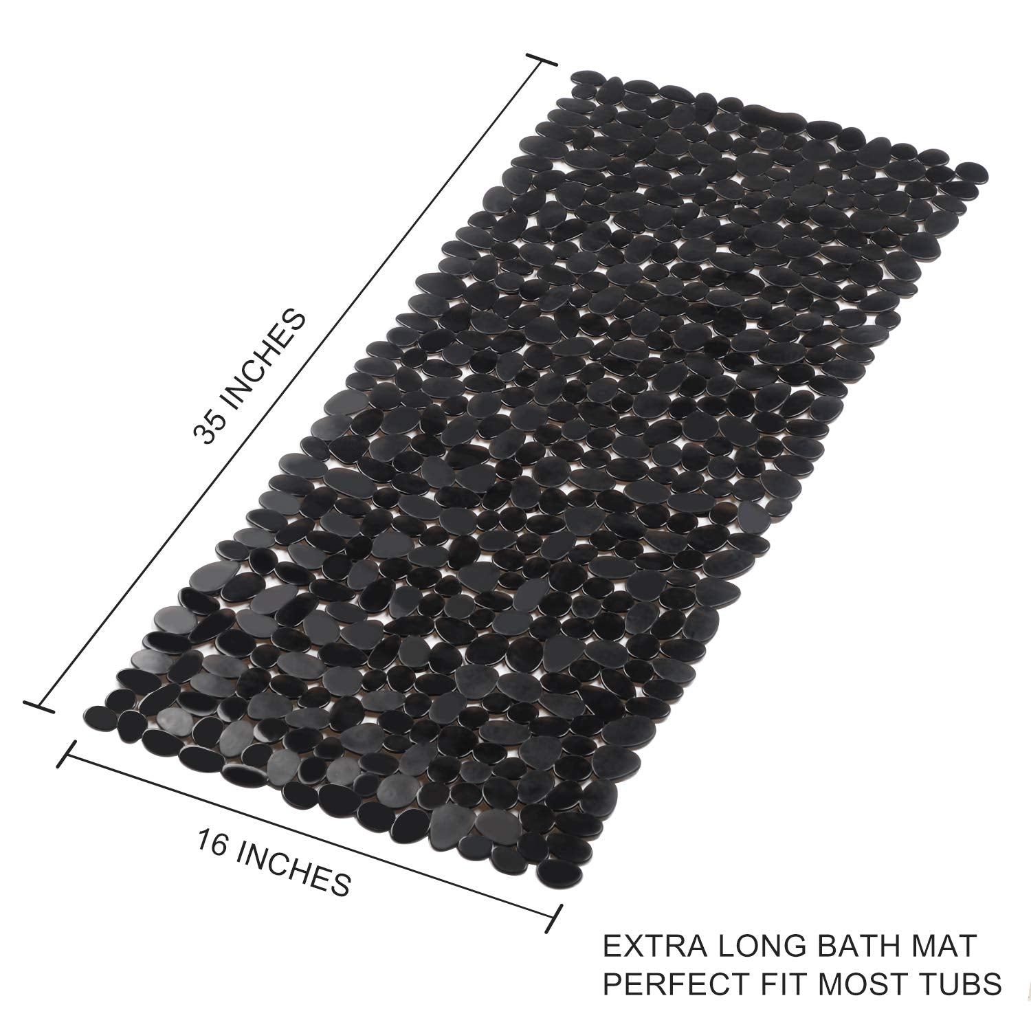 WELTRXE Non Slip Bath Mat Pebbles Bathtub Mat with Suction Cups, Drain Holes for Bathroom Showers, Tub, 35" x 16" Machine Washable Rectangle Bathroom Mats BPA, Latex Free Safe Shower Mats,Opaque Black