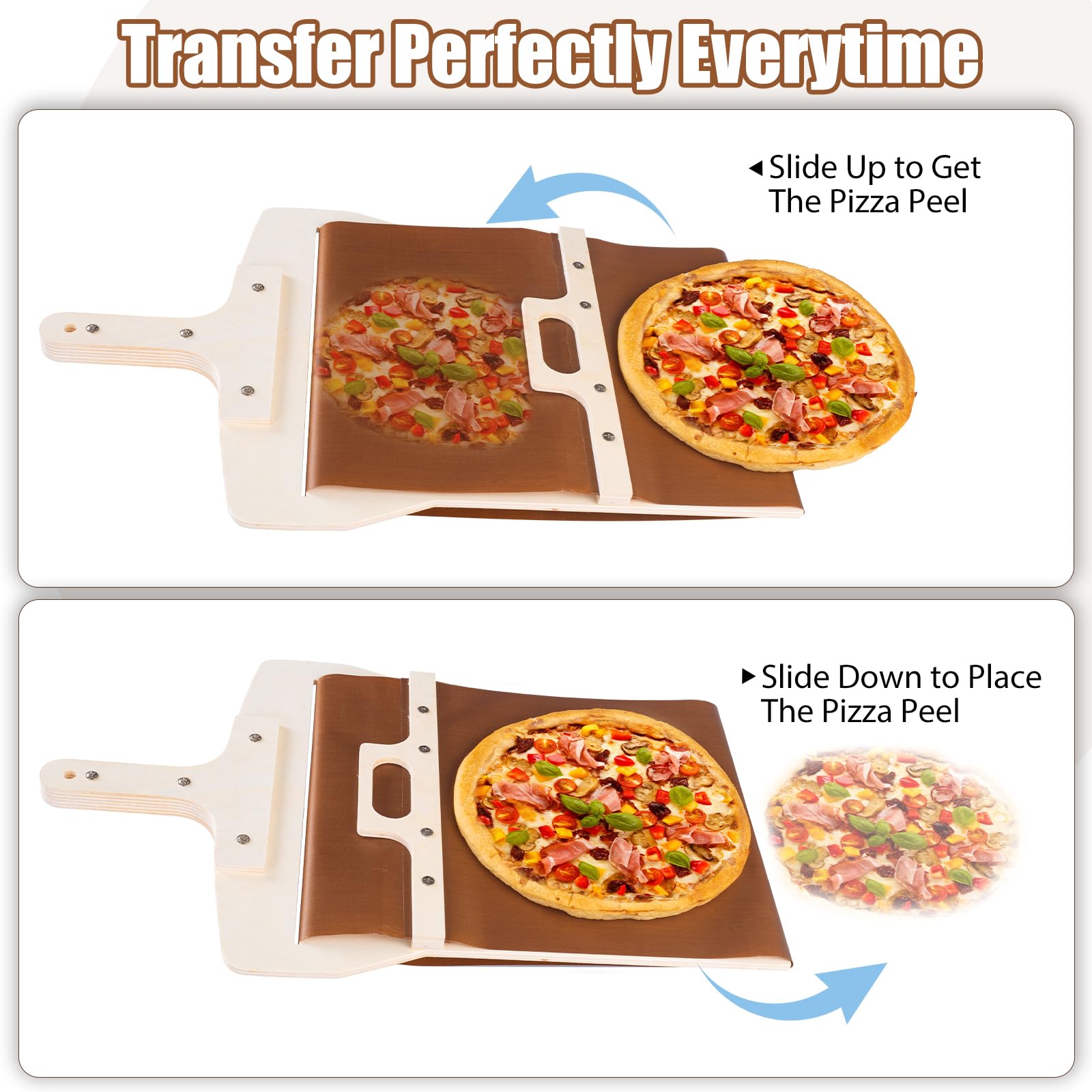 Leozzo Sliding Pizza Peel, Pizza Slider Paddle with Pizza Cutter Rocker, Non-Stick Pizza Peel Slider with Handle Detachable Transfers Pizza Pie, 12” Wood Sliding Pizza Peel with Replacement Cloth