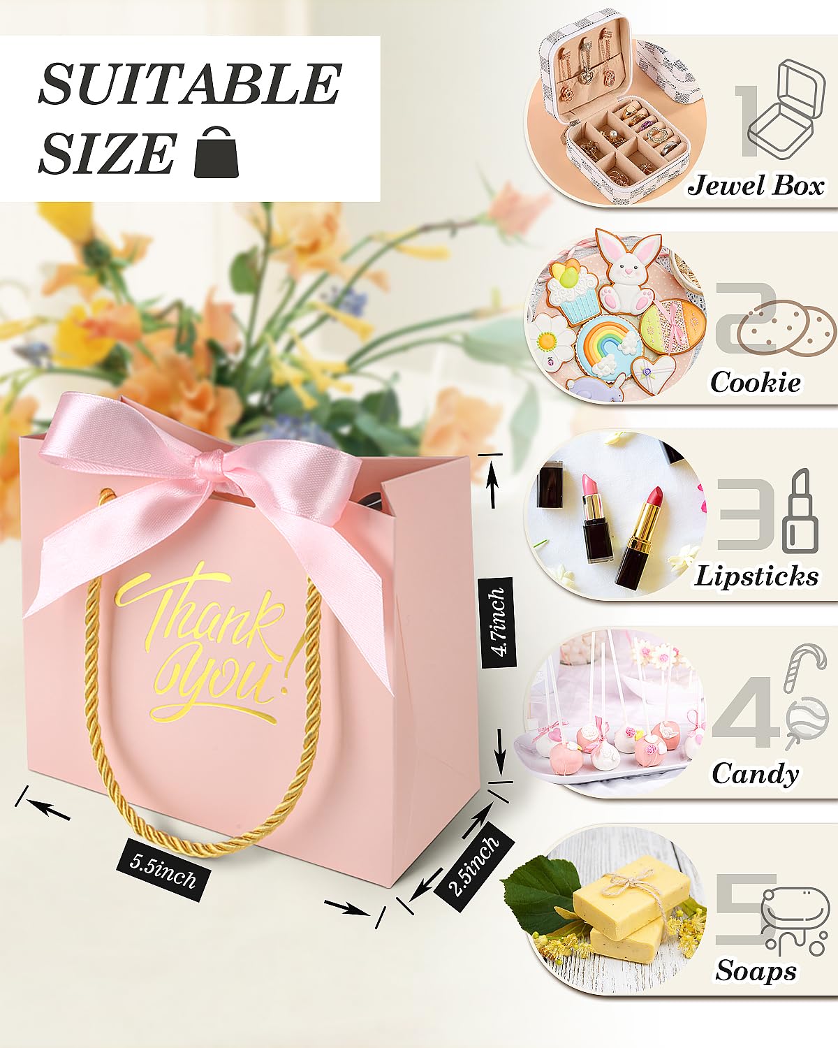 EQOREIIN 30 Pack Thank You Gift Bags with Handles 5.5 x 2.4 x 4.7 Inches Small Gift Bags with Bow Ribbon Party Favor Bags Paper Gift Bags Bulk for Baby Shower, Wedding, Party Favor, Birthday, Celebration(Pink)
