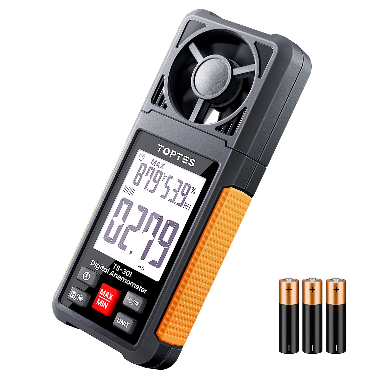 TopTes TS-301 Anemometer Handheld Wind Speed Meter with 2.26-inch LCD Screen, Backlit Air Flow Meter with 6 Measuring Units, Wind Gauge for Sailing/Surfing/Shooting/Drone/Home Vent - Orange