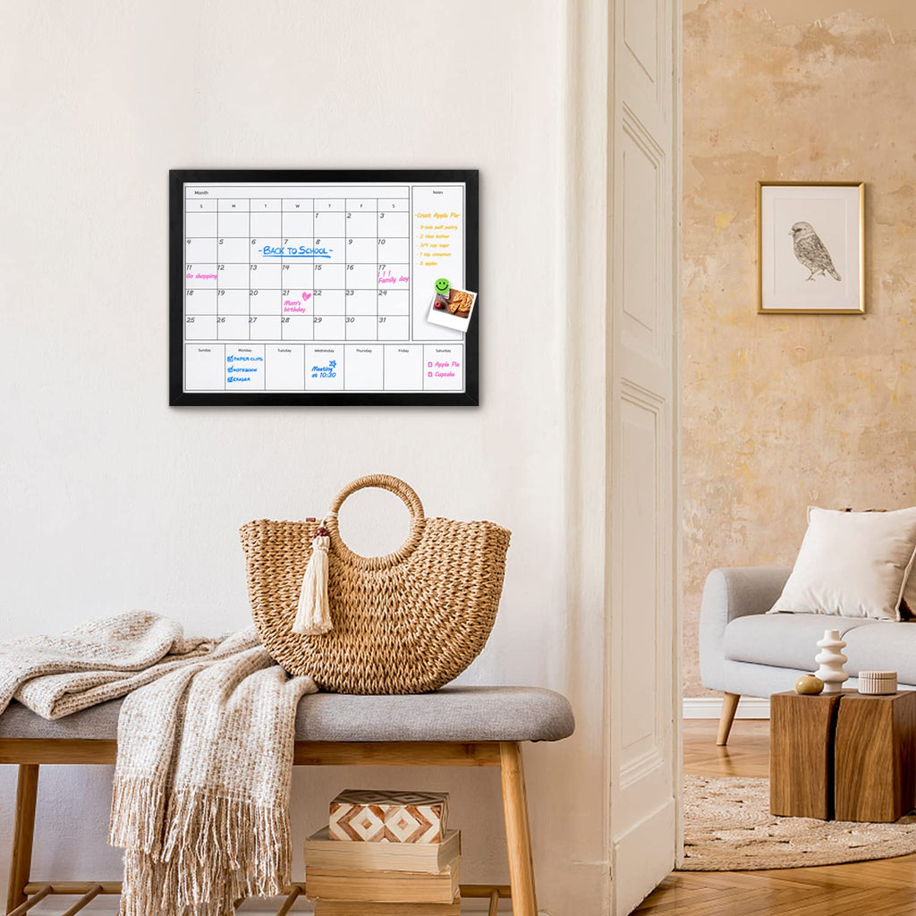 Aitakatta 3-in-1 Dry Erase Calendar for Wall, Magnetic Monthly & Weekly Calendar Whiteboard, Dry Erase Board for Wall with Black Wood Frame, Hanging White Board Calendar for Decor/Memo(YL+ZL-BK,4333)