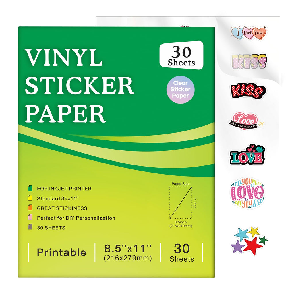 30 Sheets Premium Printable Vinyl Sticker Paper for Inkjet Printer, Clear 8.5x11 Inch Sticker Paper Waterproof, Dries Quickly, Vivid Colors, Tear Resistant, Great for Cutting Machines