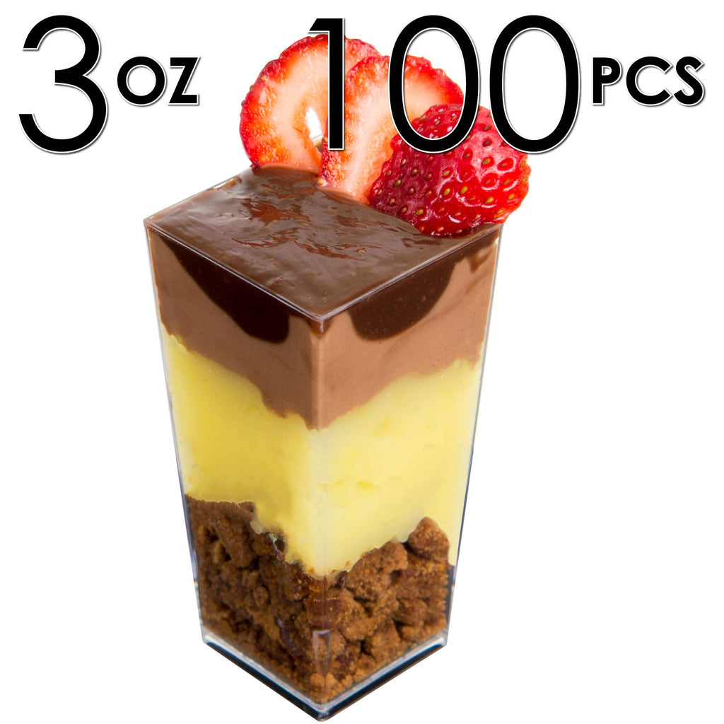 DLux 100 x 3 oz Mini Dessert Cups (no Spoons), Square Tall - Clear Plastic Parfait Appetizer Cup - Small Reusable Serving Bowl for Tasting Party Desserts Appetizers - with Recipe eBook