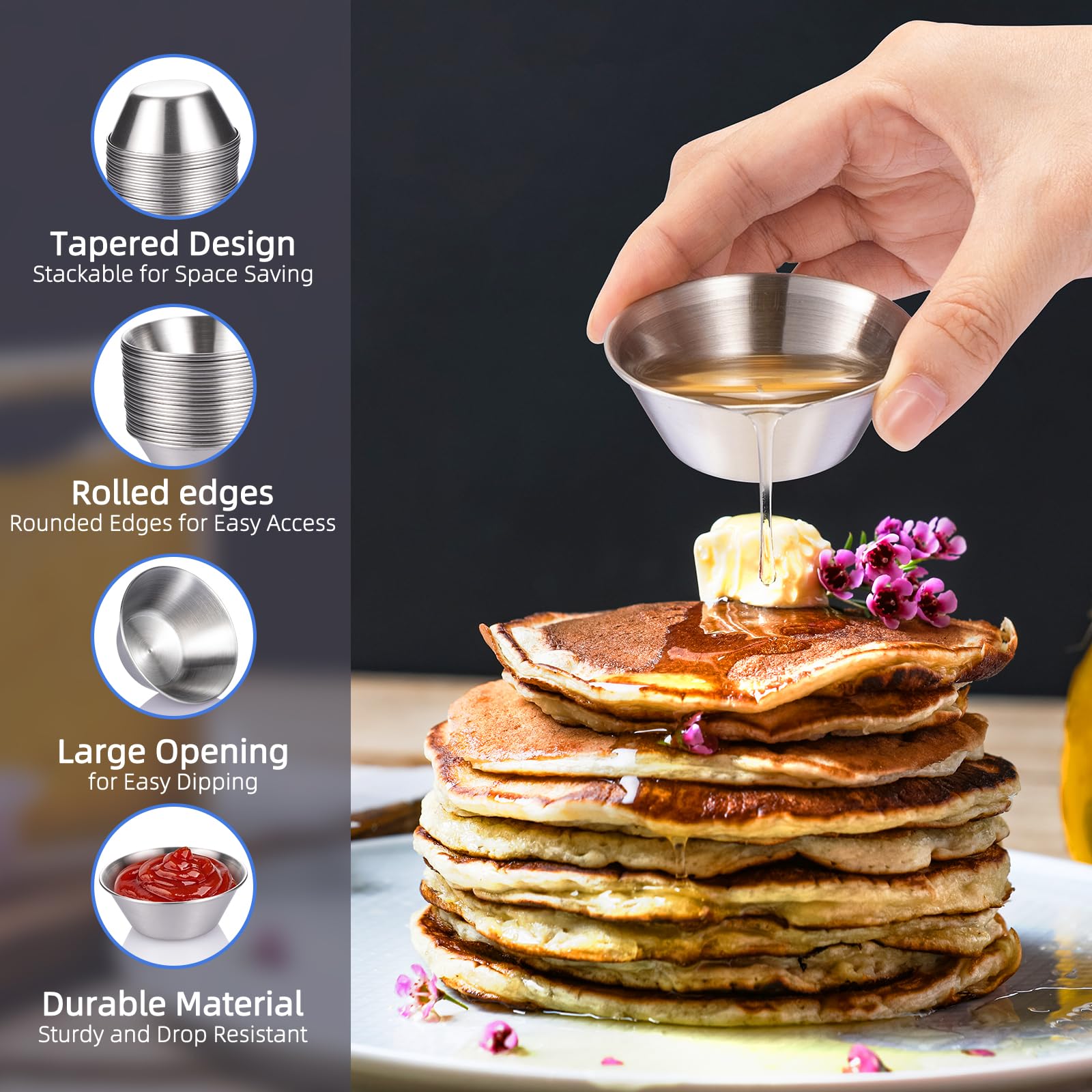 HOMEE 50 Pack Stainless Steel Condiment Sauce Cups, 1.7oz/50ml Reusable Round Dipping Sauce Cup, Stackable Round Individual Dipping Bowls Containers for Home Party Kitchen Restaurant
