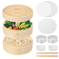 61 PCS 8 Inch 2 Tier Bamboo Steamer, Bamboo Steamer Basket, Dim Sum Basket, with 1Ring Adapter, 2Reusable Silicone Liner, 2 pairs of chopsticks, 2Sauce Dishes, 50Paper Liners, 1Ring