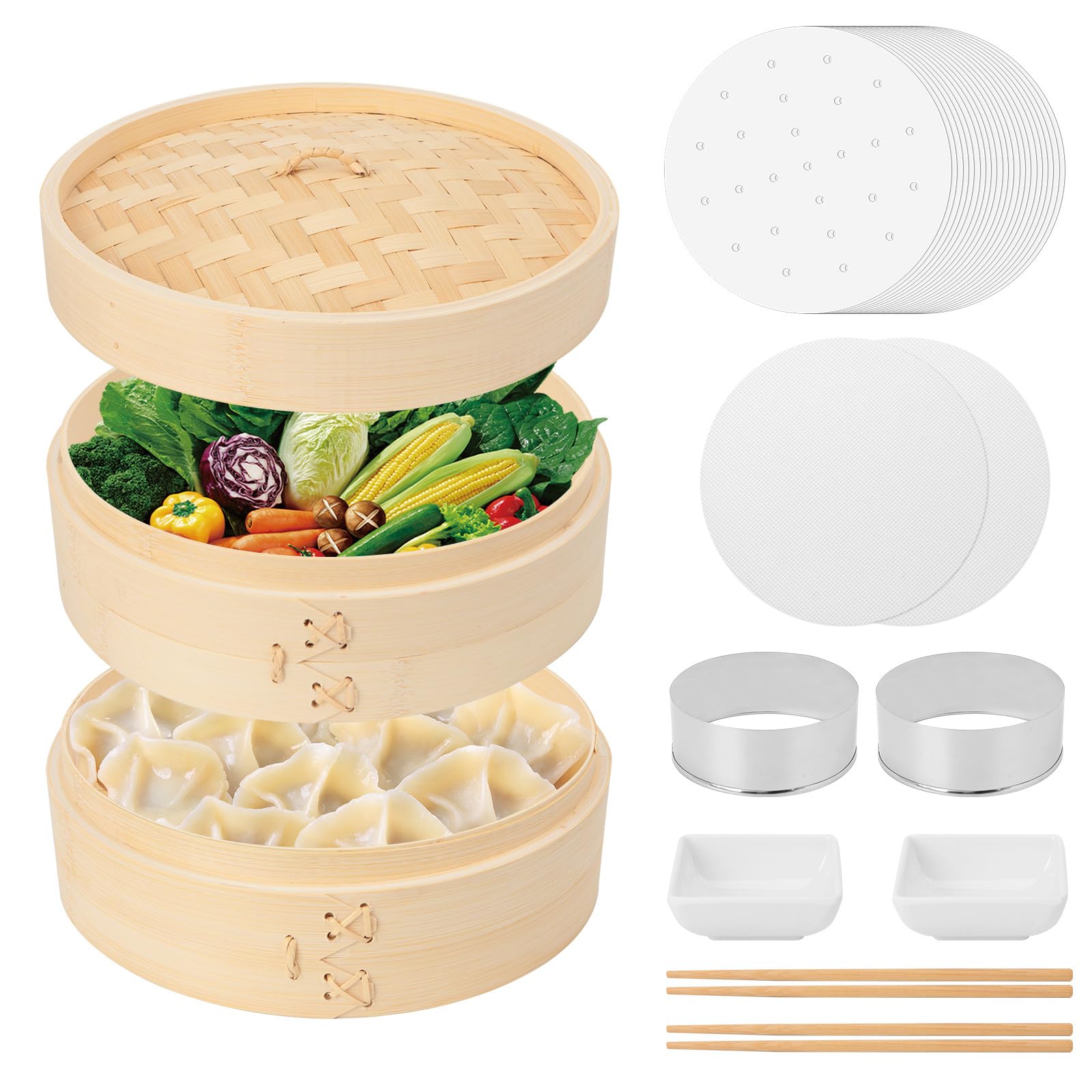 61 PCS 8 Inch 2 Tier Bamboo Steamer, Bamboo Steamer Basket, Dim Sum Basket, with 1Ring Adapter, 2Reusable Silicone Liner, 2 pairs of chopsticks, 2Sauce Dishes, 50Paper Liners, 1Ring