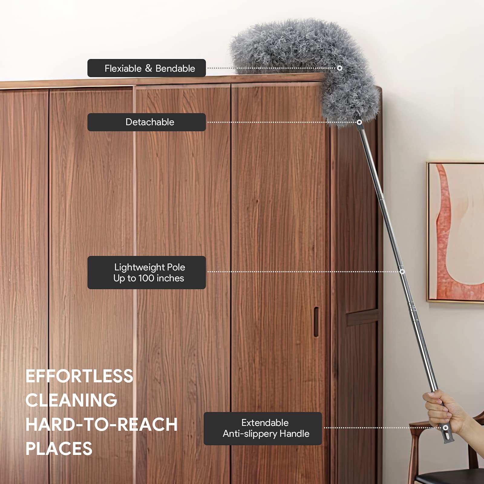 DELUX Microfiber Feather Duster,7 PCS Reusable Bendable Cobweb Duster with 100 inches Extra Long Extension Pole,Washable Dusters for Cleaning Ceiling Fan, High Ceiling, Blinds, Furniture & Cars