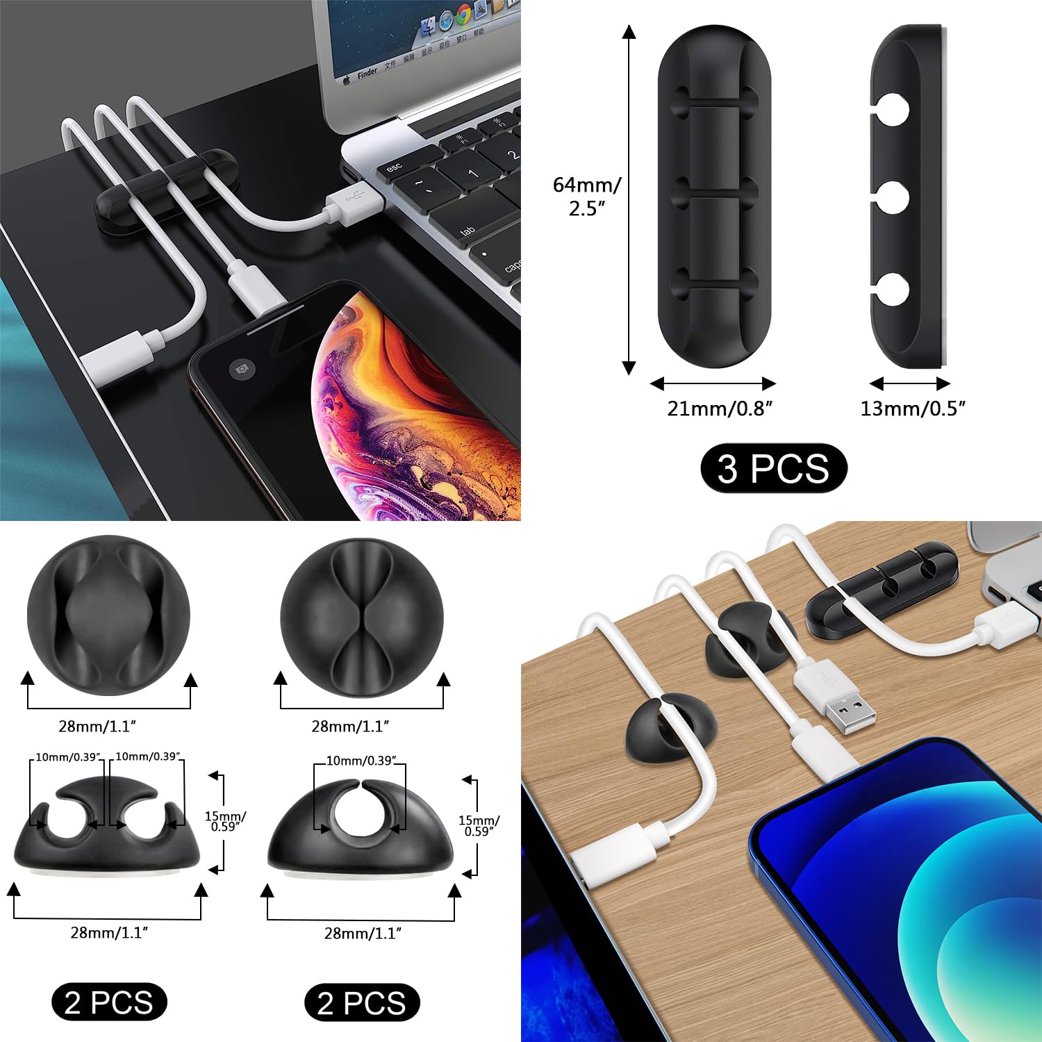 SOULWIT 200PCS Cable Management Kit,4 Cable Sleeves,37 Cable Clips,7 Cable Holders,10 Zip Tie Mounts,20 Cable Clip Nails,100 Cable Fastening Ties,20+2 Roll Cable Straps for TV PC Computer Under Desk