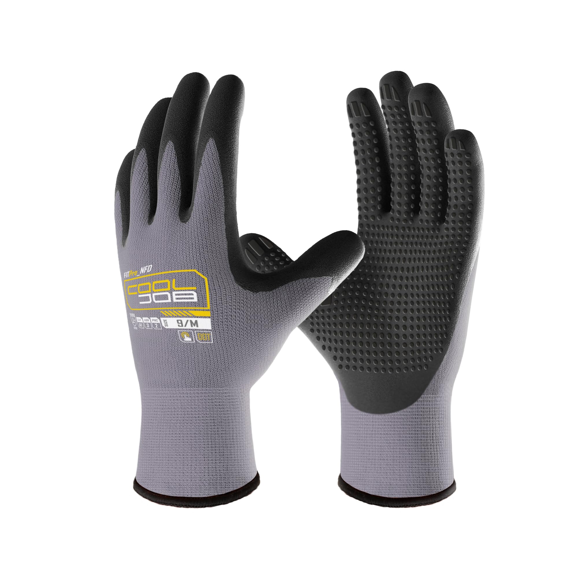 COOLJOB 3 Pairs Nitrile Rubber Coated Nylon Safety Work Gloves for Men, Dotted for Non-Slip Grip, Lightweight Breathable Seamless Knit, for Mechanics, Warehouse, Gardening, Grey, Medium