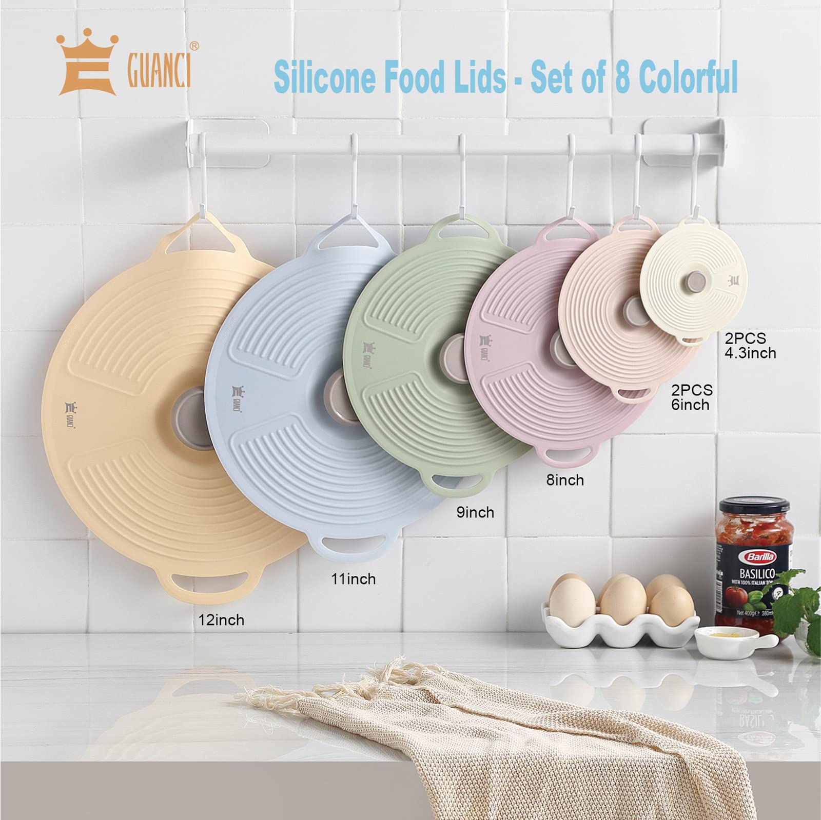 GUANCI Silicone Lids Set of 8, Silicone Lids Covers Universa Heat Resistant Microwave Cover Silicone Suction lids for Bowls, Plate, Pots, Pans