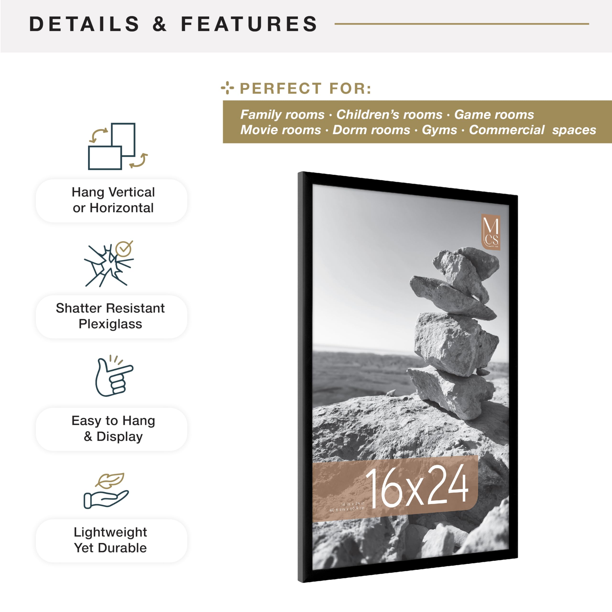 MCS Everline Collection 16x24 Poster Frame Black, Vertical & Horizontal Wall Hanging Large Picture Frame for Photos, Posters & Art Prints (1-Pack)