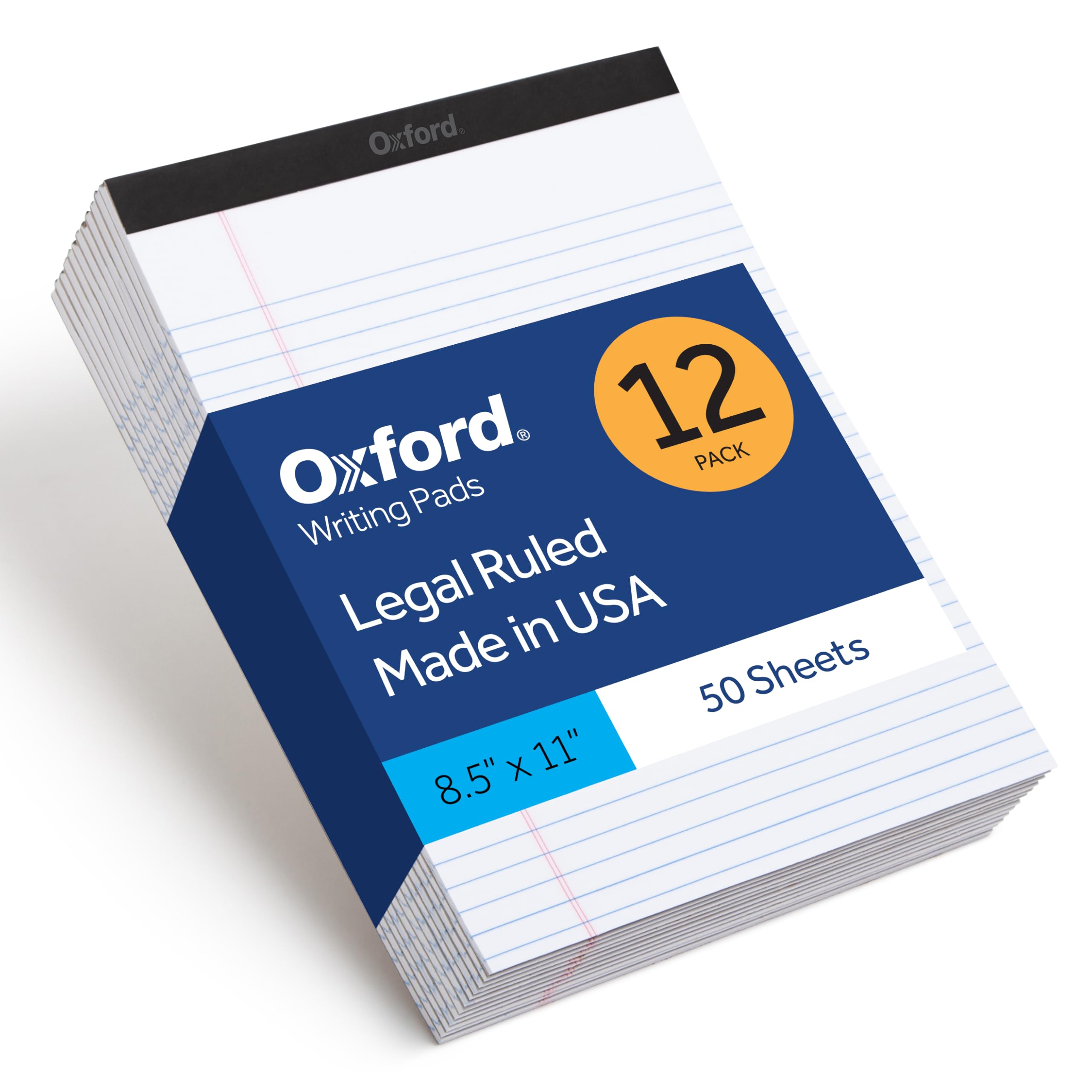 Oxford 8.5 x 11.75 Legal Pads, 12 Pack, Wide Ruled, White Paper, 50 Sheets Per Writing Pad, Made in the USA (74030)