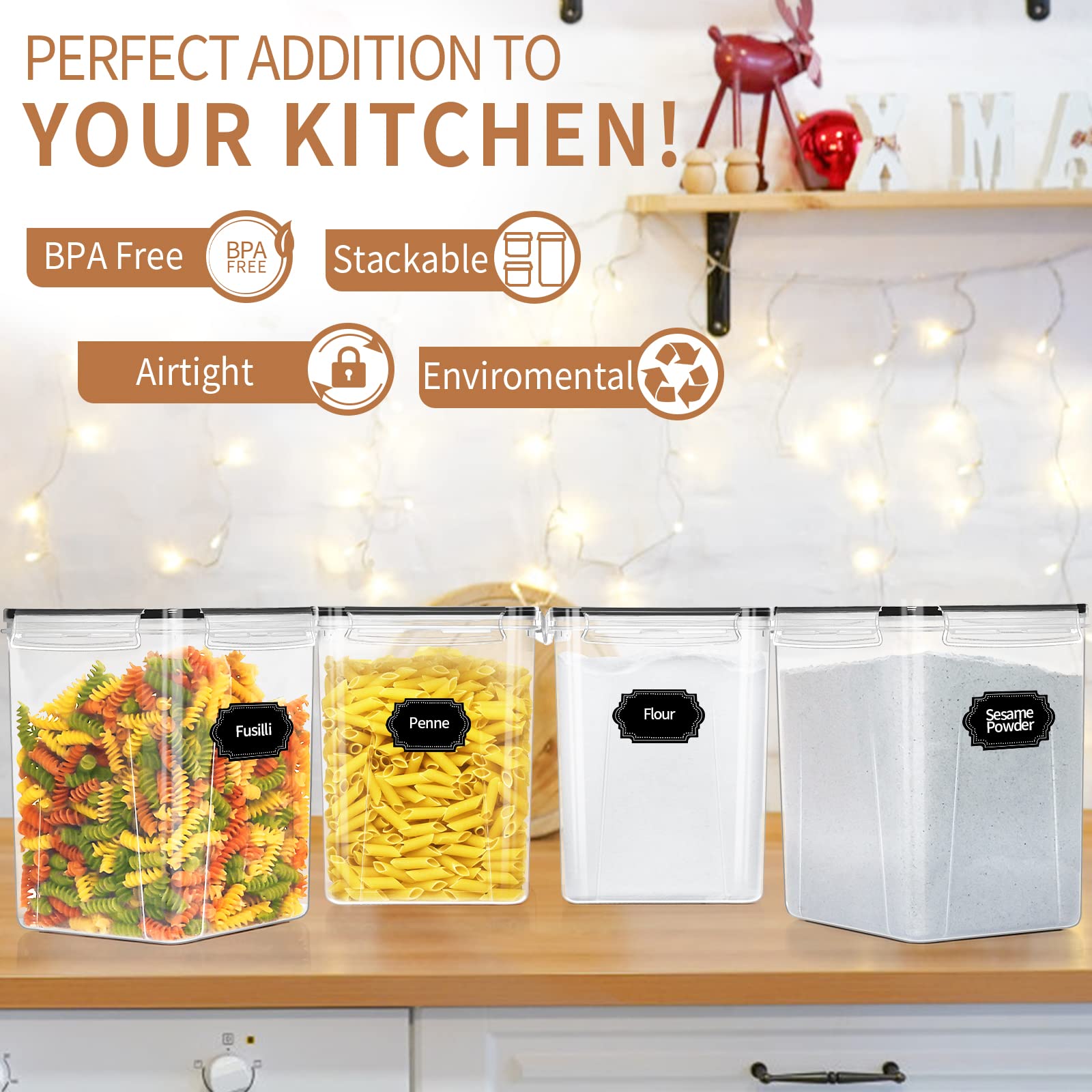 Large Tall Airtight Food Storage Containers with Lids, 4 PCS 5.2L, Kitchen Pantry organizers and storage, PRAKI Kitchen Storage Containers Set for Cereal, Flour & Baking Supplies with Labels & Marker