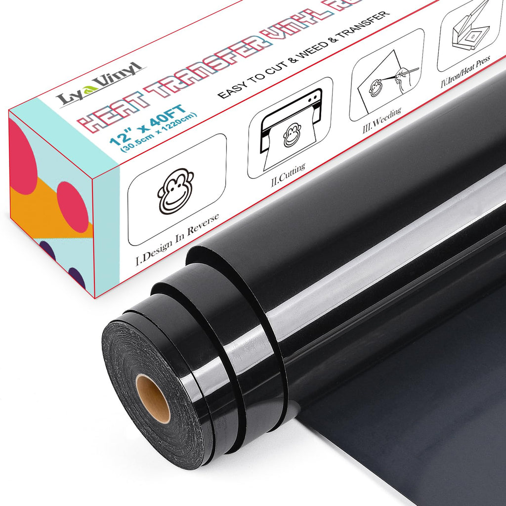 Lya Vinyl Heat Transfer Vinyl - 12" x 40ft Black HTV Vinyl Roll for Shirts, Iron on Vinyl for Cricut & Cameo - Easy to Cut & Weed for Heat Vinyl Design