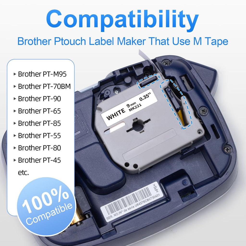 MK221 M-K221 PT-M95 Label Maker Tape 9mm Replace for Brother M Tape 9mm 3/8 0.35 White MK 221 Label Tape for Brother P Touch PT-90 PT-65 PT-M95 PT-70BM PT-45 PT-80, Black on White, 4 Pack