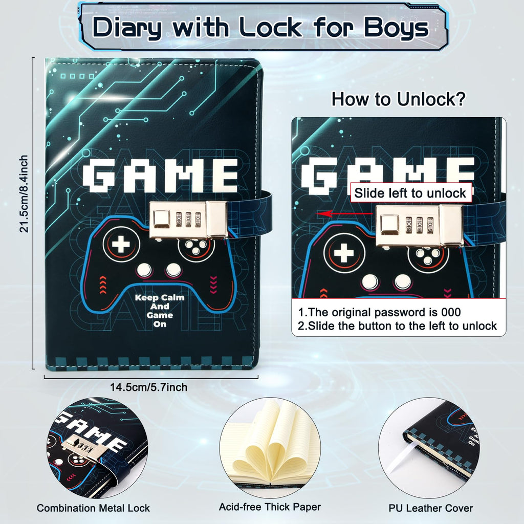 Diary with Lock for Boys Ages 8-12, Game Journal with Lock, Video Game Diary with Pen for Teen Boys 10-18, Gaming Notebook Birthday Gifts Back to School Gift Easter Gift for 10 11 12 14 15 16 Teenages