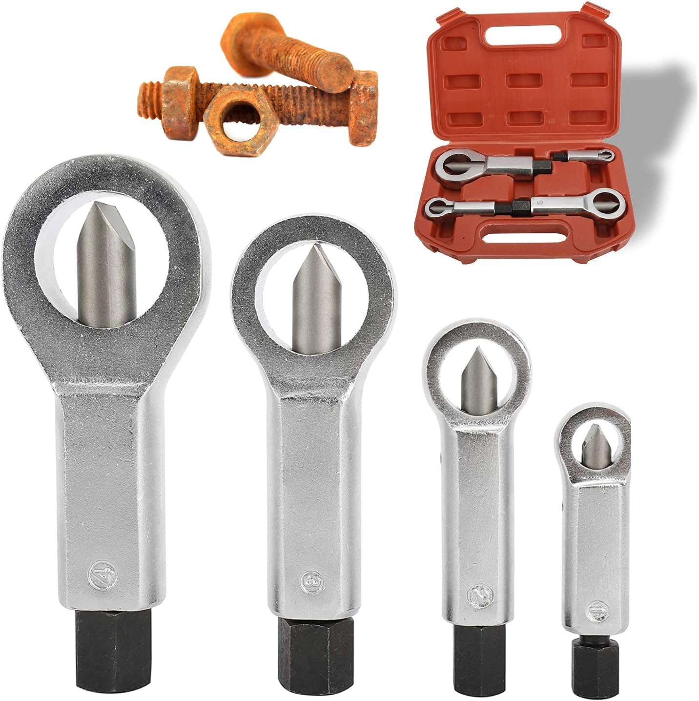 Nut Splitter Heavy Duty Set, 4 PCS Adjustable Rusted Nuts Broken Damaged Screw Nut Cracker Tool, Corroded Stuck Nut Removal Splitting Tools (Remove Nut Dia. 9-12mm 12-16mm 16-22mm 22-27mm)