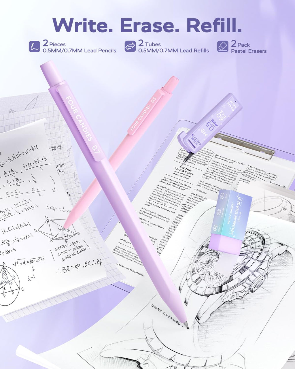 Four Candies Aesthetic School Supplies, 4 Gel Pens with Black Ink, 4 Correction Tape, 2 Pastel Highlighters, 2 Mechanical Pencils, Sticky Notes, Index Post for Back to School Supplies with Case Purple