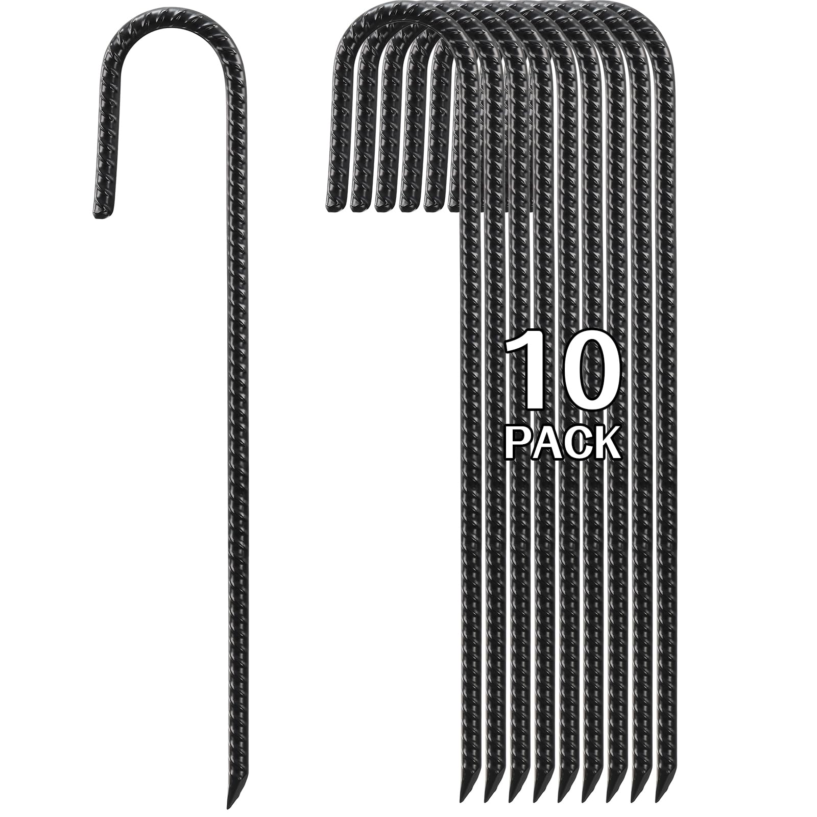 16 Inch Rebar Stakes Heavy Duty, 10 Pack J-Shaped Tent Stakes, Ground Anchor Stakes for Landscaping Plants Fabric Tube Fence, Black