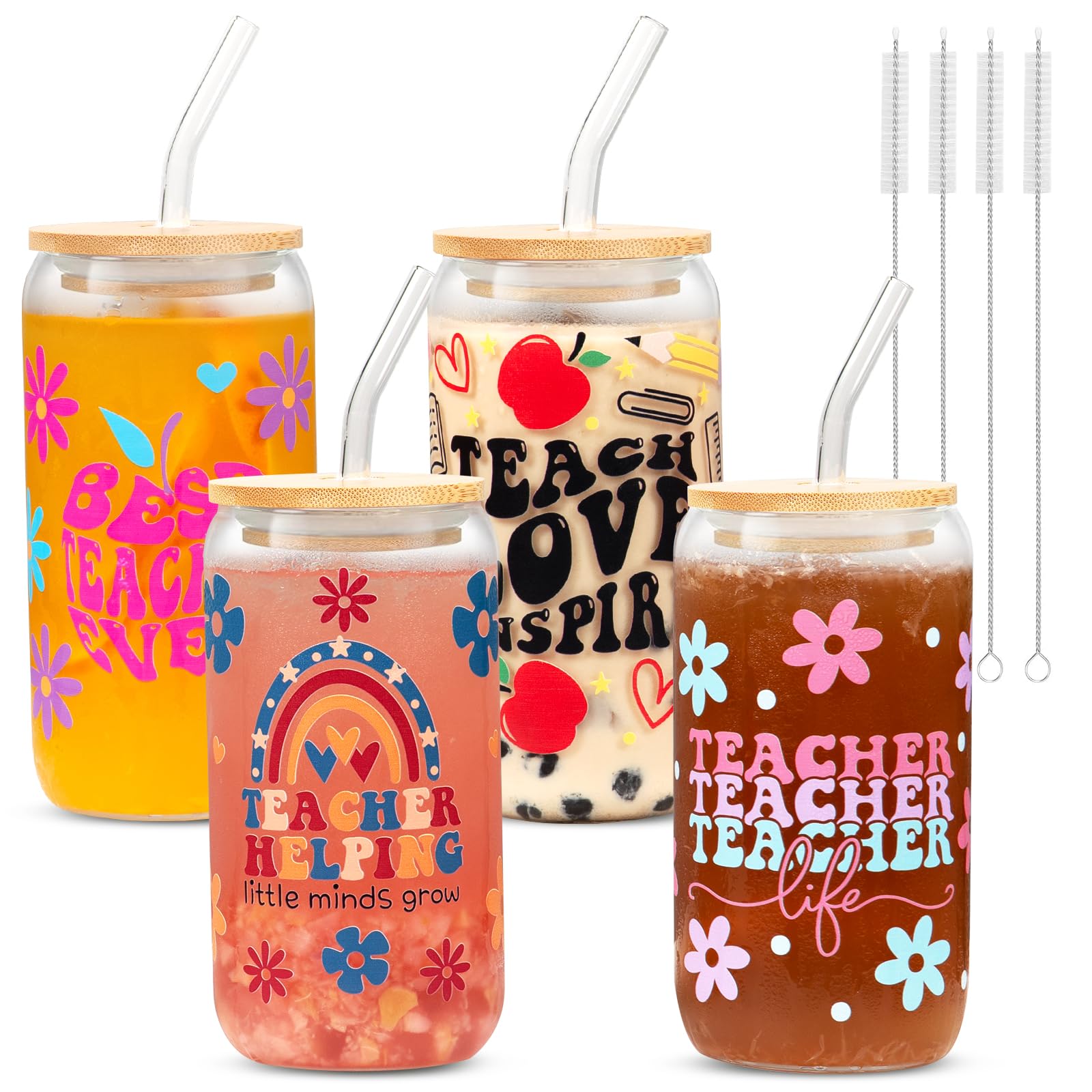 JTAMOHI 4 Set Teacher Appreciation Cup Teacher Can Glass Gifts for Women, Teacher Gifts 16 oz Tumbler with Lids Straws Brushes Thank You Glass Cup Gift for Teacher’s Day Back to School Graduation