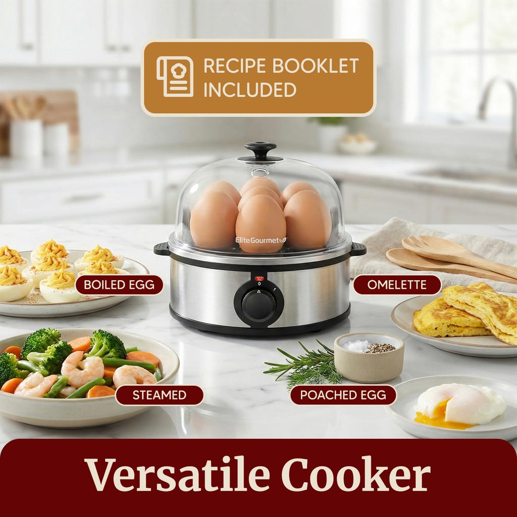 Elite Gourmet EGC648 Rapid Egg Cooker, 7 Easy-To-Peel, Hard, Medium, Soft Boiled Eggs, Poacher, Omelet Maker, Auto Shut-Off, Alarm, 16-Recipe Booklet, BPA-Free, Stainless Steel