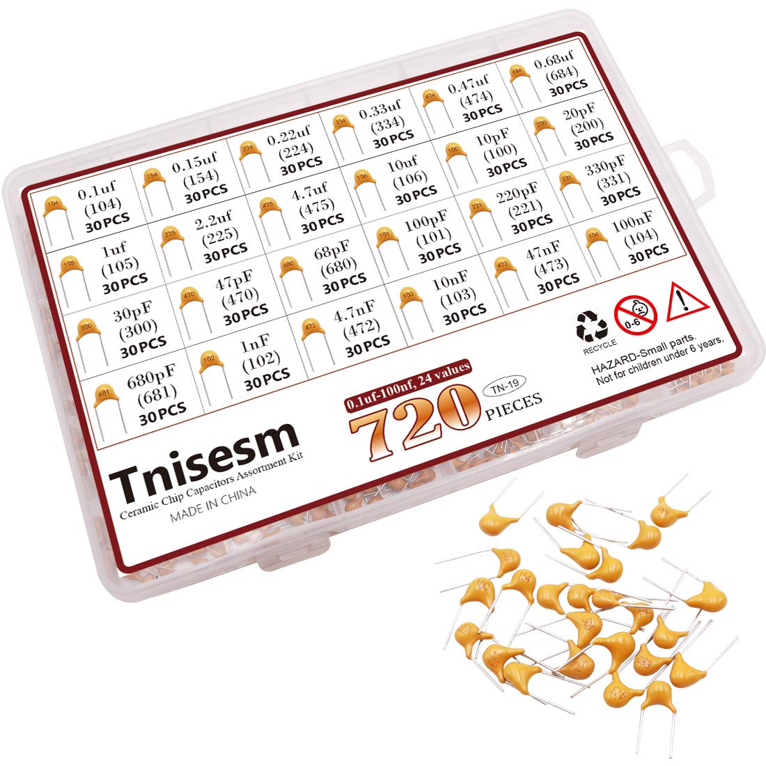 Tnisesm 720 Pcs 24Value Ceramic Capacitor Assortment Kit 0.1uF-100nF DIP Monolithic Multilayer Chip Capacitors in a Box Tn-19