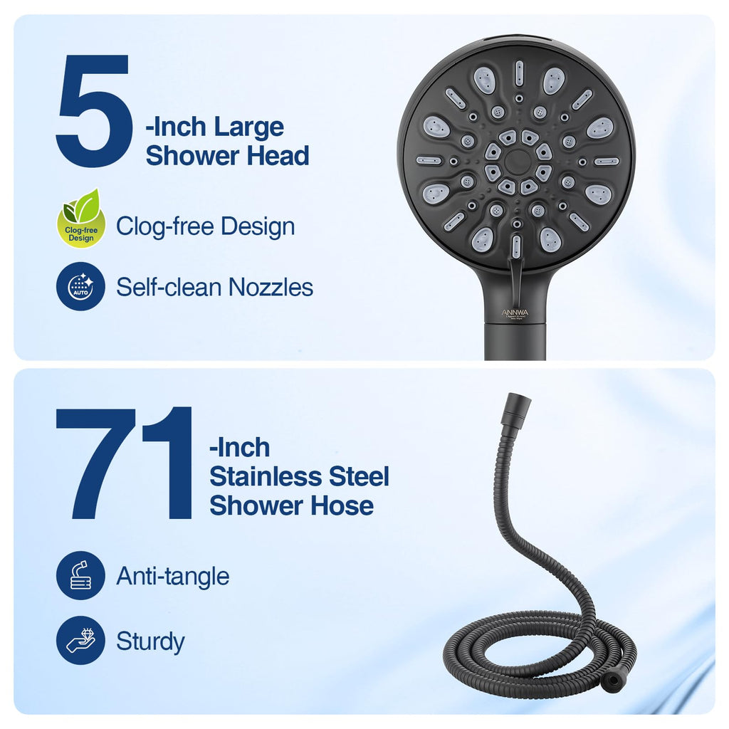 ANNWA Filtered Shower Head with Multi-Spray Modes, High Pressure Handheld Showerhead Filter for Hard Water Filtering Showerhead with Hose(N8HS702MB)