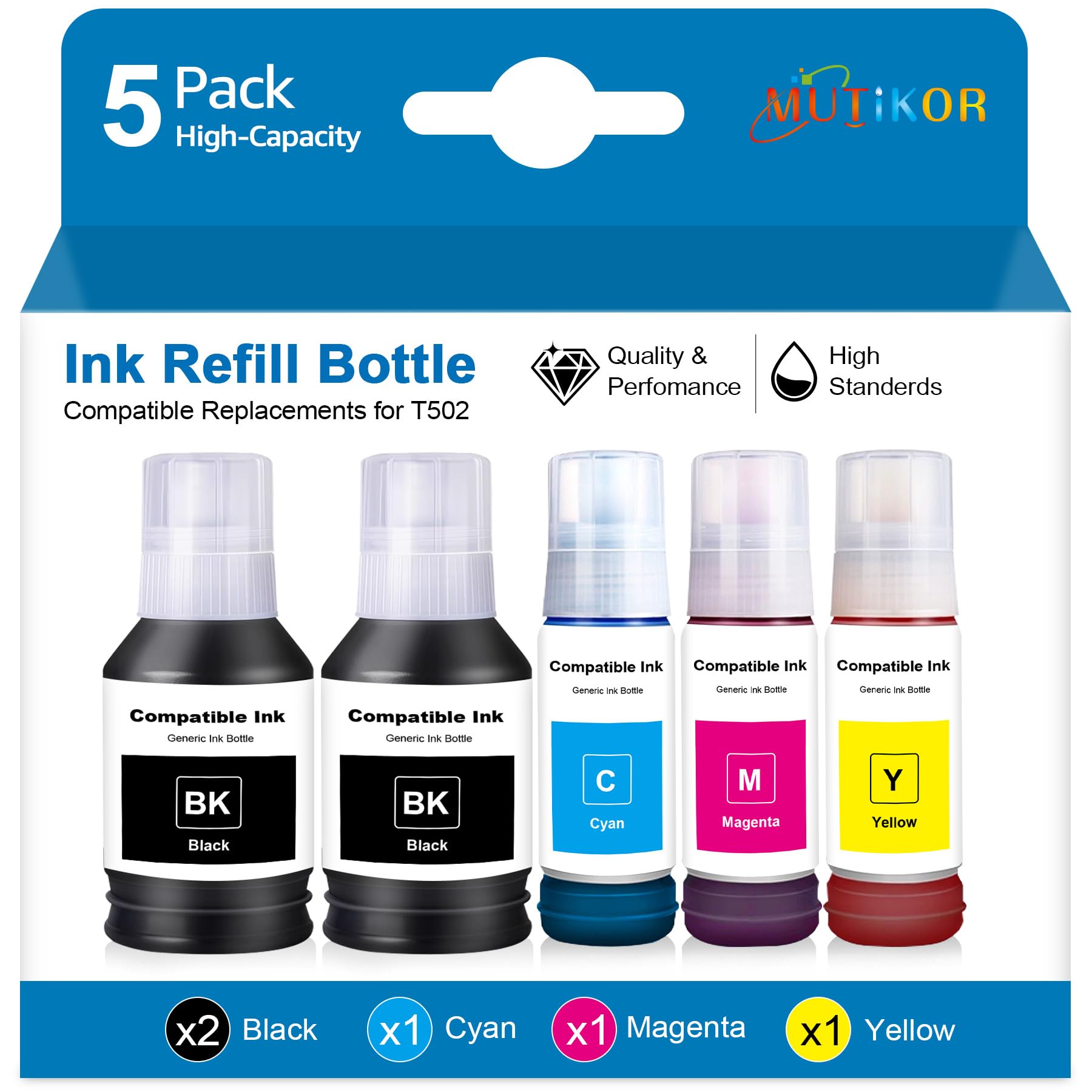Mutikor T502 Ink Refill Bottles ET-2760 ET-2850 ET-3850 Ink Replacement for t502 Ink for ET-4760 ET-2760 ET-3830 ET-15000 ET-4850 ET-2750 ET-4750 ET-3750 ET-3950 ET-4950 Printers (2BK C M Y)
