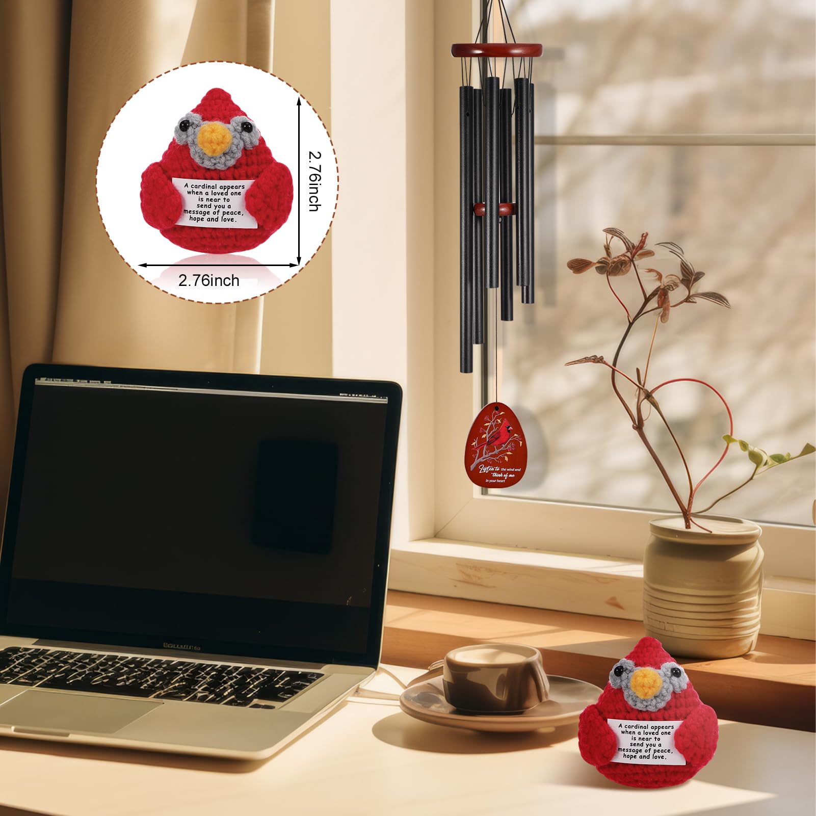 Jspupifip Memorial Sympathy Wind Chimes for Loss of Loved One 25'' Cardinal Wind Chimes Outdoor Bereavement Condolence Gifts with Cardinal Knitted Ornament