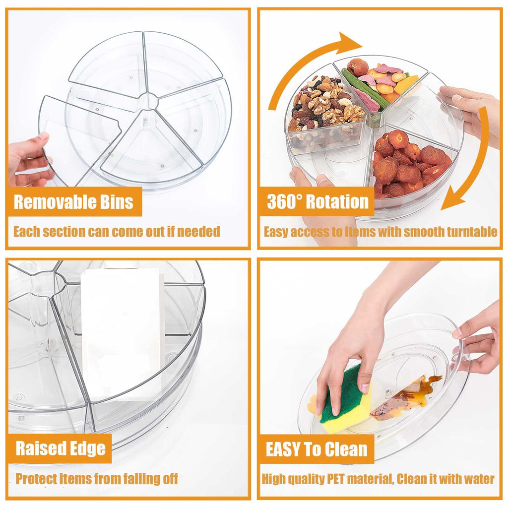 Roninkier Clear Lazy Susan Organizer with 5 Removable Bins, 11 Inch Round Plastic Rotating Storage Container for Cabinet, Pantry, Fridge, Vanity