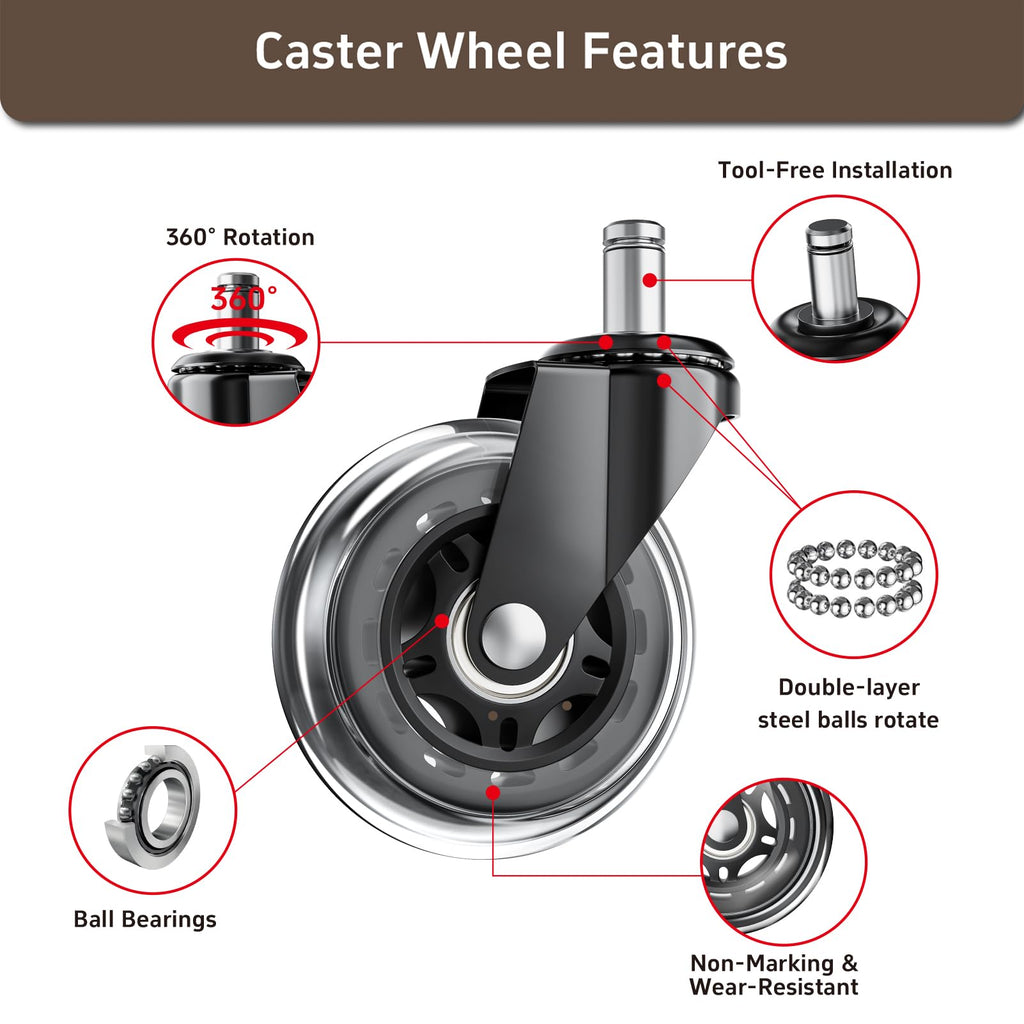 ASHGOOB Office Chair Wheels, Set of 5 Caster Wheels Office Accessories, 3 Inch Heavy Duty Casters for Chairs to Replace Office Chair Mats, Smooth & Quiet Universal Fit for Most Chairs(5 Pack)