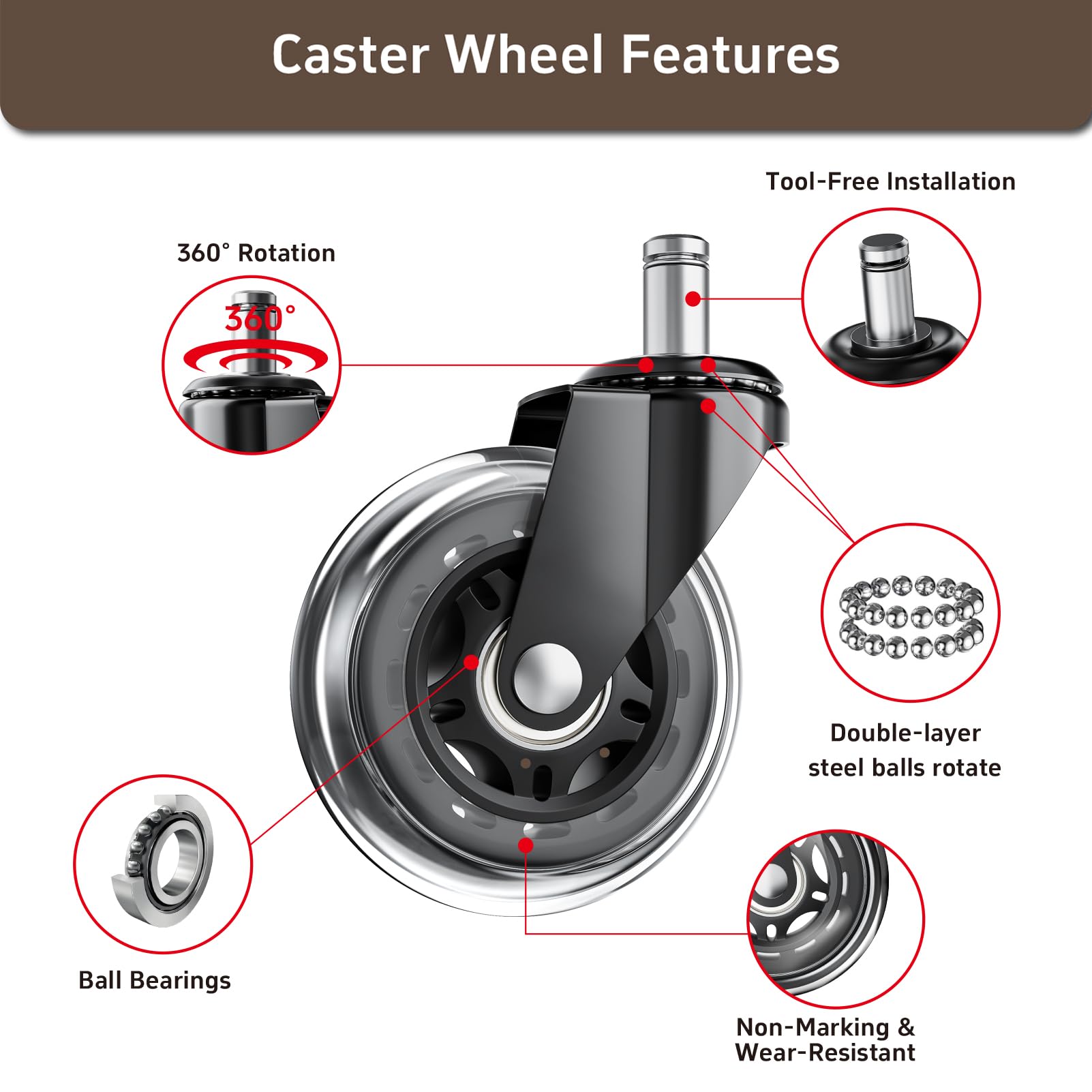 ASHGOOB Office Chair Wheels, Set of 5 Caster Wheels Office Accessories, 3 Inch Heavy Duty Casters for Chairs to Replace Office Chair Mats, Smooth & Quiet Universal Fit for Most Chairs(5 Pack)