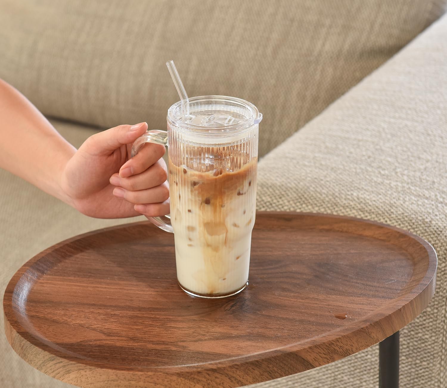 ALINK 2 Pack 24 oz Ribbed Glass Tumbler with Handle Lid and Straw,Glassware Set Ripple Large Iced Coffee Cups, Aesthetic Glass Travel Tumbler for Hot & Cold Beverages, Smoothies, Tea and Juice