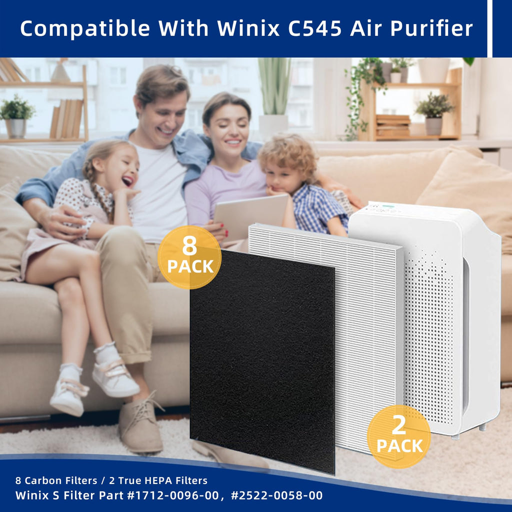 C545 Replacement Filter S Compatible with Winix C545, B151, P150, 9300 Air Purifier - 2 Air Filters + 8 Activated Carbon Pre-Filters - Compare to Part # 1712-0096-00, 2522-0058-00