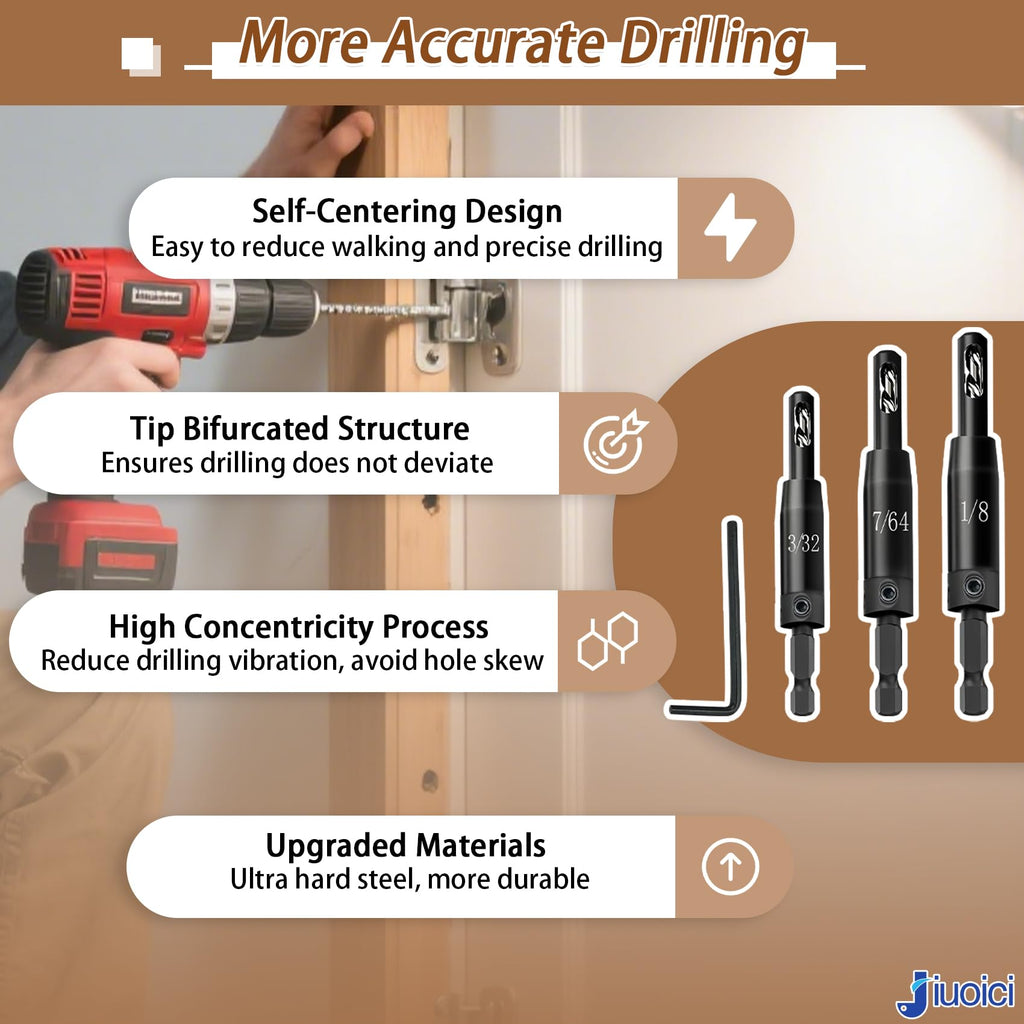 Upgraded Self Centering Hinge Drill Bit Set 3/32", 7/64", 1/8" for 1/4 in VIX Bit Hex Shank Drill, CC2430 for Hinge and Wood, Drill Pilot Holes, Ultra-Hard Steel, High Precision & Durable
