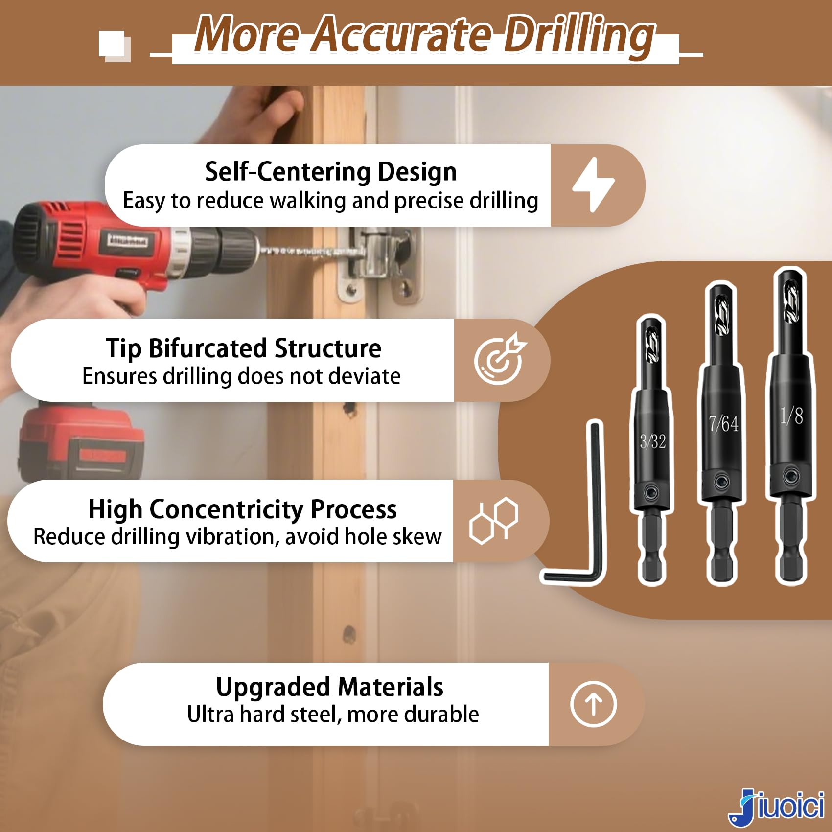 Upgraded Self Centering Hinge Drill Bit Set 3/32", 7/64", 1/8" for 1/4 in VIX Bit Hex Shank Drill, CC2430 for Hinge and Wood, Drill Pilot Holes, Ultra-Hard Steel, High Precision & Durable