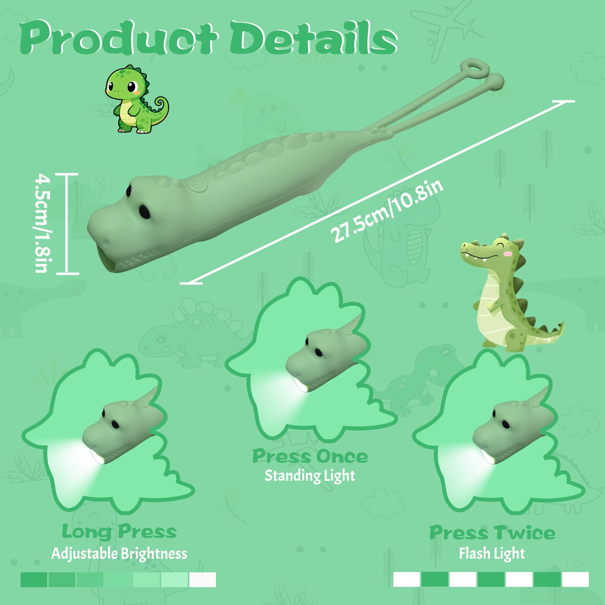 CoolGift Mart Silicone Dinosaur Flashlight, Rechargeable Hanging Night Light for Camping, Night Walks and Home Use, Animal Themed Themed Portable Torch